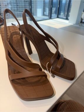 Bottega Veneta Chocolate Brown Strappy Square-Toe Slingback Heels